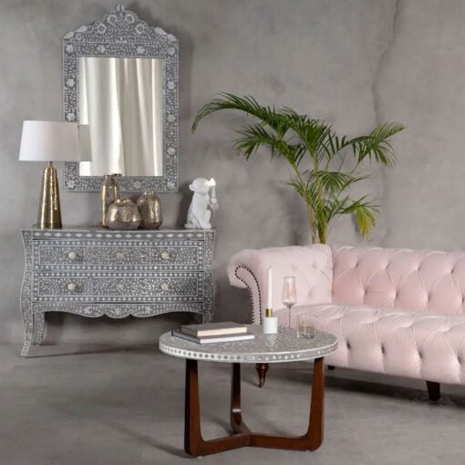 Boho White And Grey Floral Mother Of Pearl Coffee Table With Solid Dark Mango Wood Legs 76cm