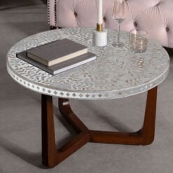 Boho White And Grey Floral Mother Of Pearl Coffee Table With Solid Dark Mango Wood Legs 76cm