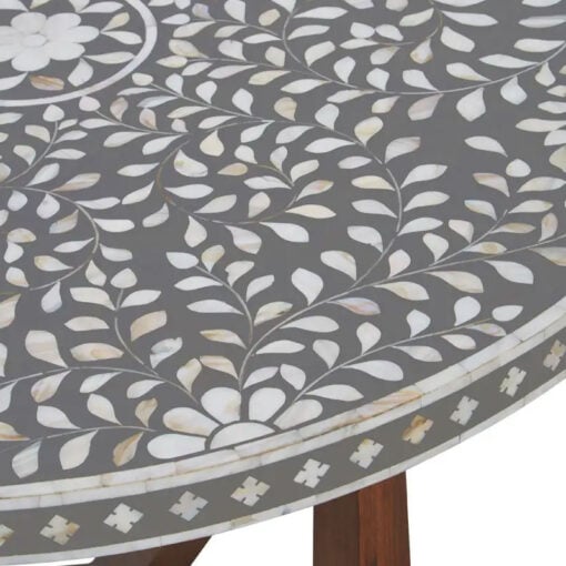 Boho White And Grey Floral Mother Of Pearl Coffee Table With Solid Dark Mango Wood Legs 76cm