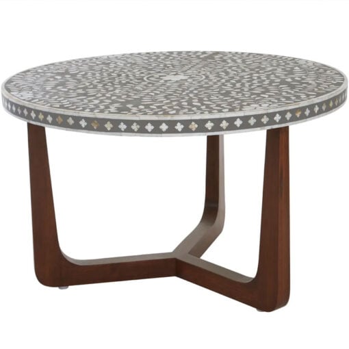 Boho White And Grey Floral Mother Of Pearl Coffee Table With Solid Dark Mango Wood Legs 76cm