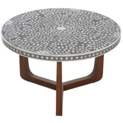 Boho White And Grey Floral Mother Of Pearl Coffee Table With Solid Dark Mango Wood Legs 76cm