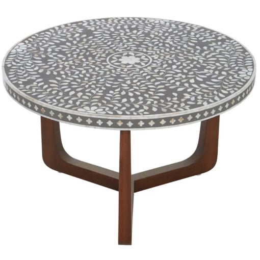 Boho White And Grey Floral Mother Of Pearl Coffee Table With Solid Dark Mango Wood Legs 76cm