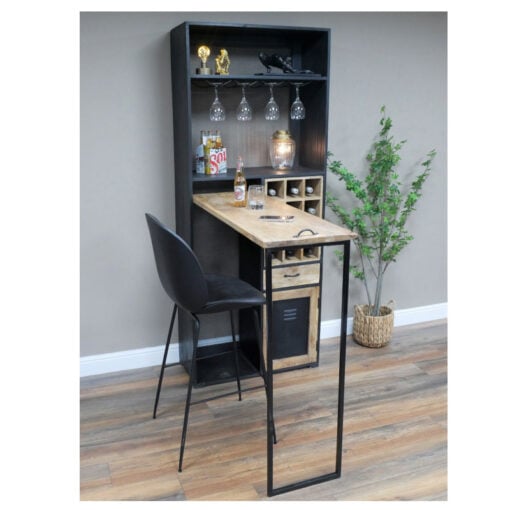 Industrial Black Metal And Wood Large Bar Drinks Cabinet With Bar Table 202cm