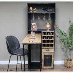 Industrial Black Metal And Wood Large Bar Drinks Cabinet With Bar Table 202cm