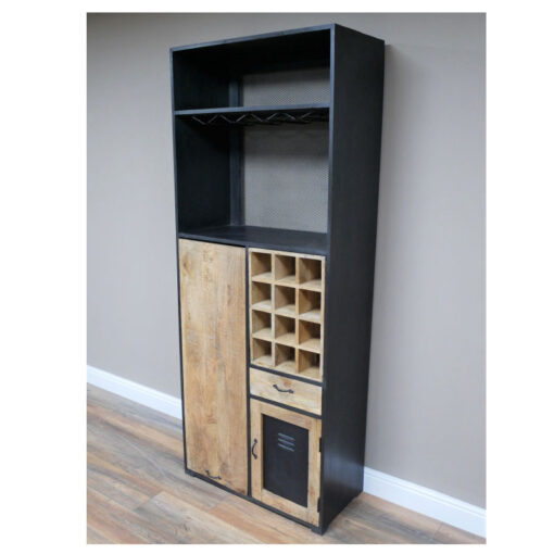 Industrial Black Metal And Wood Large Bar Drinks Cabinet With Bar Table 202cm