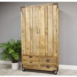Industrial Rustic Large Solid Mango Wood 2 Door Cabinet With Wheels 180cm