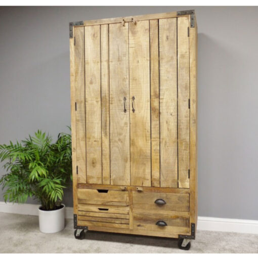 Industrial Rustic Large Solid Mango Wood 2 Door Cabinet With Wheels 180cm