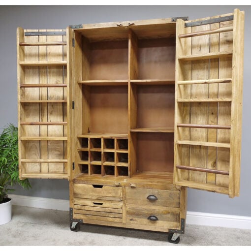 Industrial Rustic Large Solid Mango Wood 2 Door Cabinet With Wheels 180cm