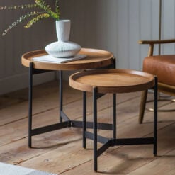 Industrial Rustic Set Of 2 Nesting Solid Mango Wood And Black Metal Side Tables