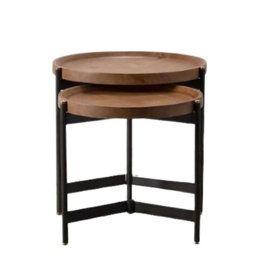 Industrial Rustic Set Of 2 Nesting Solid Mango Wood And Black Metal Side Tables