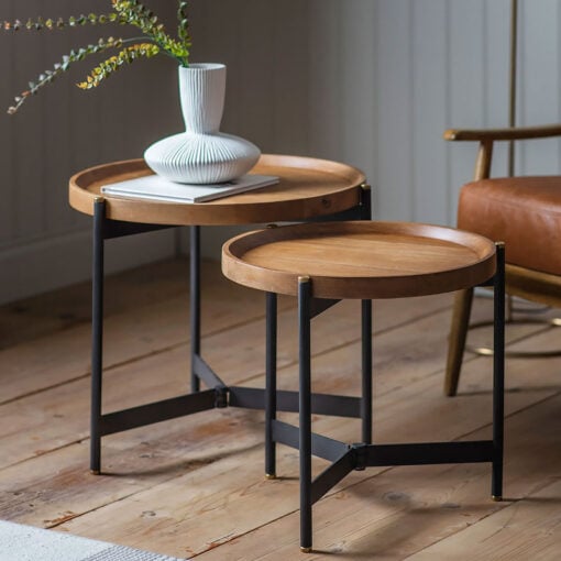 Industrial Rustic Set Of 2 Nesting Solid Mango Wood And Black Metal Side Tables