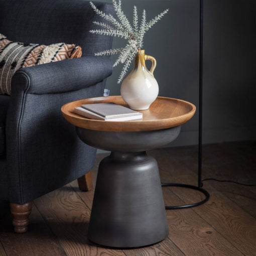 Industrial Solid Light Mango Wood And Dark Grey Metal Round Side Table