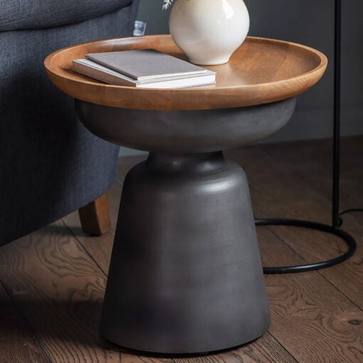 Industrial Solid Light Mango Wood And Dark Grey Metal Round Side Table