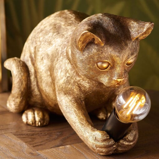 Antique Gold Resin Kitten Cat Animal Table Lamp 31cm