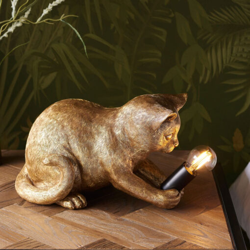 Antique Gold Resin Kitten Cat Animal Table Lamp 31cm