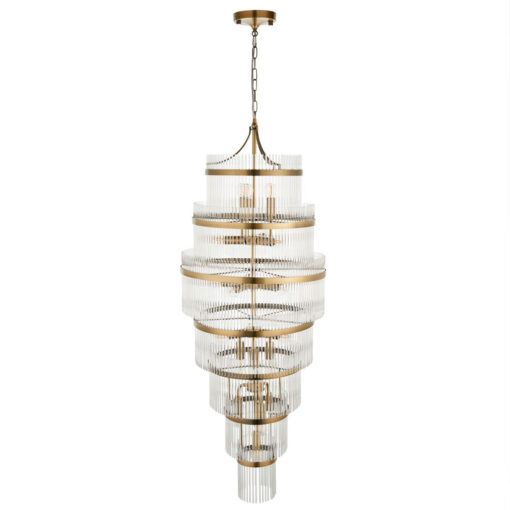 Art Deco Grand Multi Tiered 21 Light Antique Gold And Glass Ceiling Pendant Chandelier