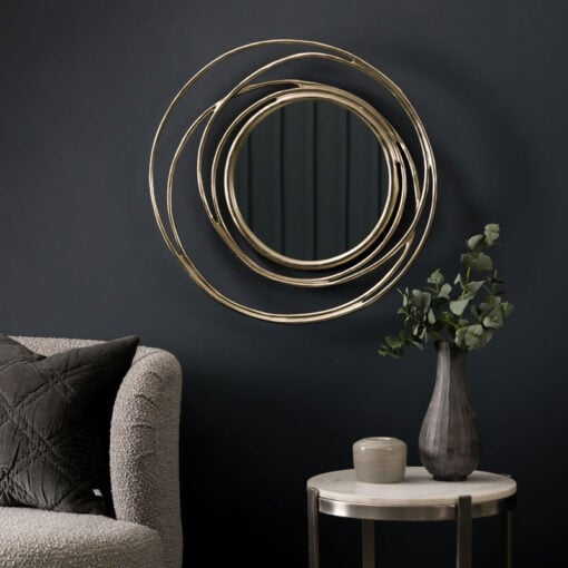 Art Deco Looping Circles Satin Gold Metal Wall Mirror 66cm