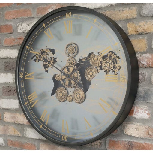 Black And Gold Large Wall Clock With Visible Moving Gears 67cm