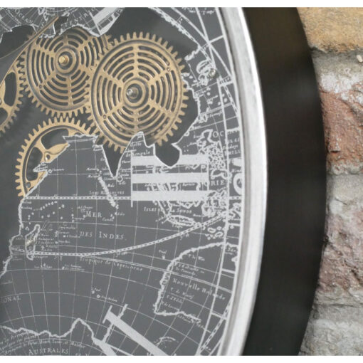 Black And Silver Large Wall Clock With Gold Visible Moving Gears 60cm