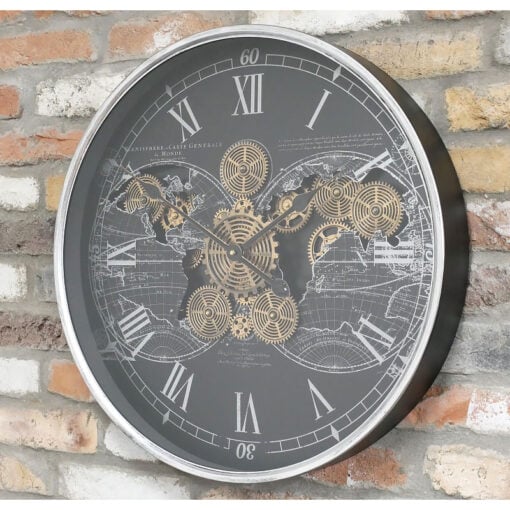 Black And Silver Large Wall Clock With Gold Visible Moving Gears 60cm