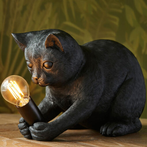 Black Resin Kitten Cat Animal Table Lamp 31cm