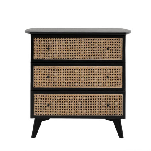 Boho Black Oak Wood And Natural Rattan Cane 3 Drawer Chest Of Drawers