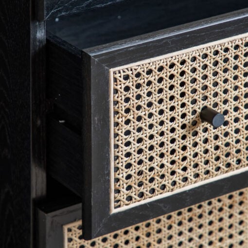 Boho Black Oak Wood And Natural Rattan Cane 3 Drawer Chest Of Drawers