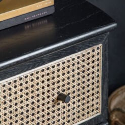 Boho Black Oak Wood And Natural Rattan Cane 3 Drawer Chest Of Drawers