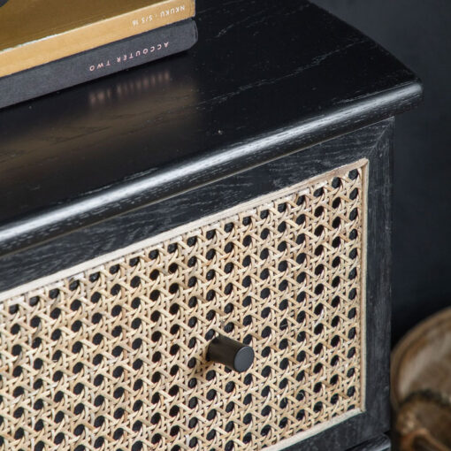 Boho Black Oak Wood And Natural Rattan Cane 3 Drawer Chest Of Drawers