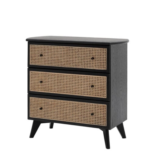 Boho Black Oak Wood And Natural Rattan Cane 3 Drawer Chest Of Drawers