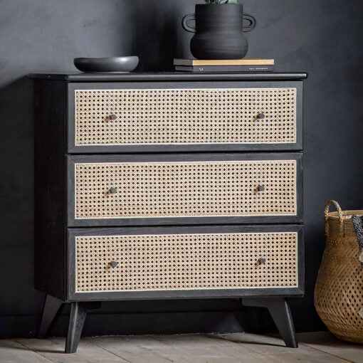 Boho Black Oak Wood And Natural Rattan Cane 3 Drawer Chest Of Drawers
