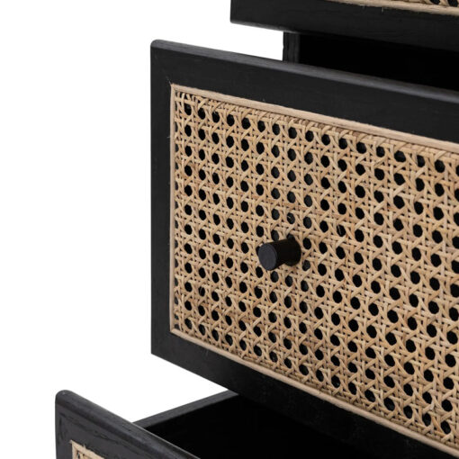 Boho Black Oak Wood And Natural Rattan Cane 3 Drawer Chest Of Drawers