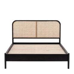 Boho Black Oak Wood And Natural Rattan Cane Double Bed Frame