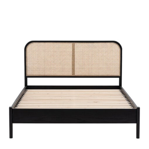 Boho Black Oak Wood And Natural Rattan Cane Double Bed Frame
