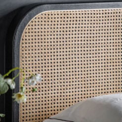 Boho Black Oak Wood And Natural Rattan Cane Double Bed Frame