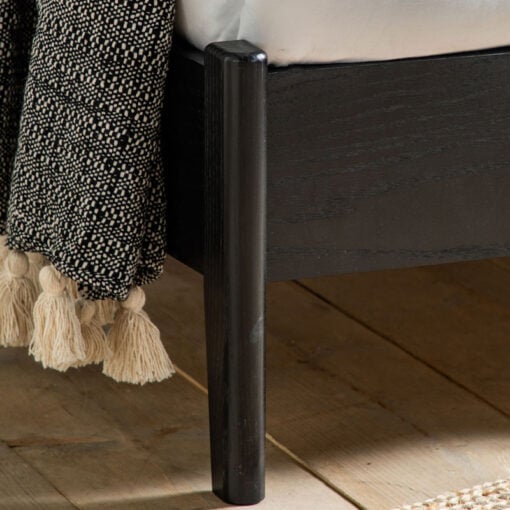 Boho Black Oak Wood And Natural Rattan Cane Double Bed Frame