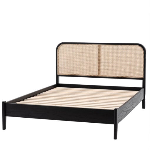 Boho Black Oak Wood And Natural Rattan Cane Double Bed Frame