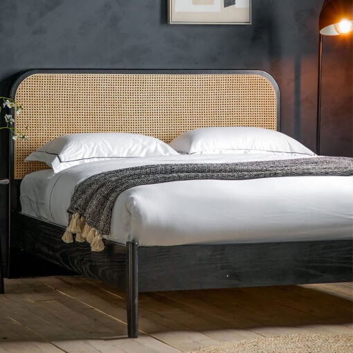 Boho Black Oak Wood And Natural Rattan Cane Double Bed Frame