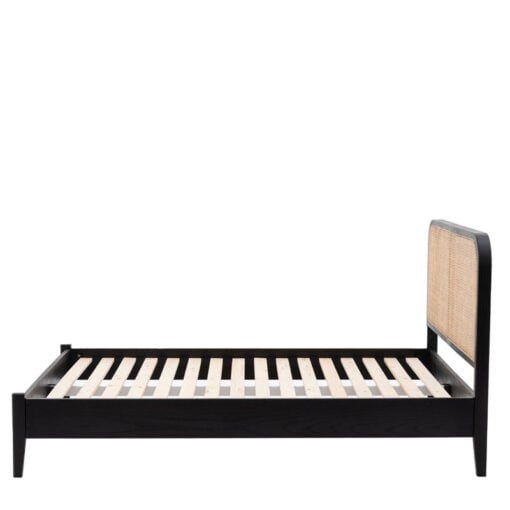Boho Black Oak Wood And Natural Rattan Cane Double Bed Frame