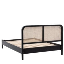 Boho Black Oak Wood And Natural Rattan Cane Double Bed Frame
