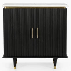 Boho Black Solid Mango Wood And Gold Metal 2 Door Sideboard With White Marble Top