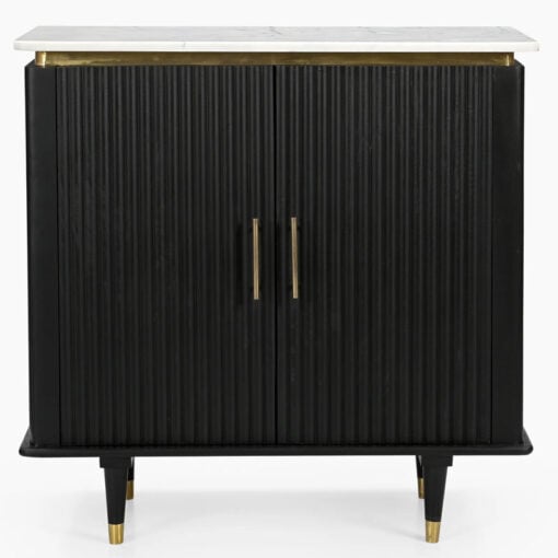 Boho Black Solid Mango Wood And Gold Metal 2 Door Sideboard With White Marble Top