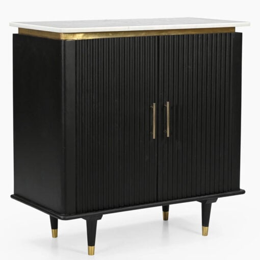 Boho Black Solid Mango Wood And Gold Metal 2 Door Sideboard With White Marble Top