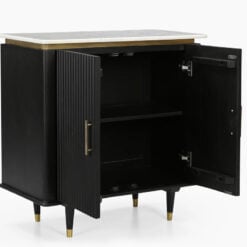 Boho Black Solid Mango Wood And Gold Metal 2 Door Sideboard With White Marble Top
