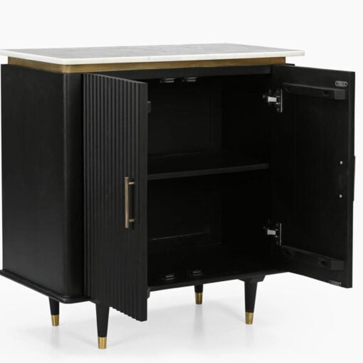 Boho Black Solid Mango Wood And Gold Metal 2 Door Sideboard With White Marble Top