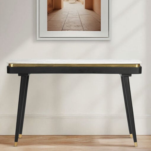 Boho Black Solid Mango Wood And Gold Metal Slim Console Table With White Marble Top 120cm