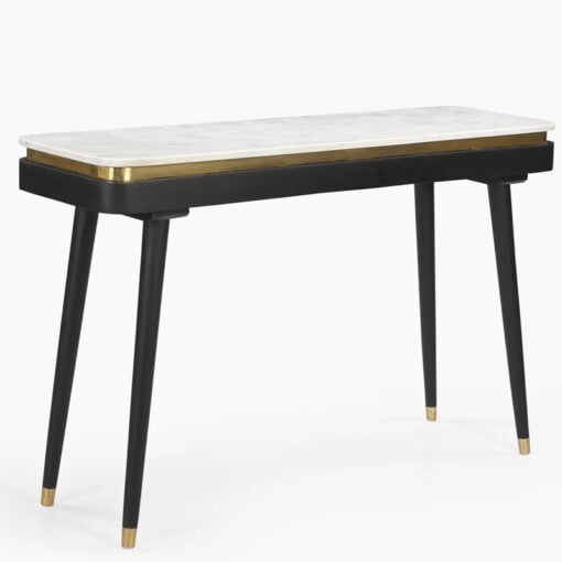 Boho Black Solid Mango Wood And Gold Metal Slim Console Table With White Marble Top 120cm