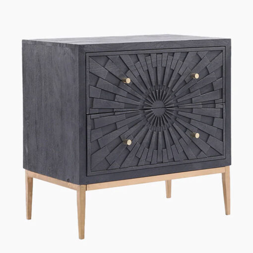 Boho Carved Black Mango Wood And Gold Metal 2 Drawer Chest Of Drawers