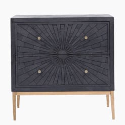 Boho Carved Black Mango Wood And Gold Metal 2 Drawer Chest Of Drawers