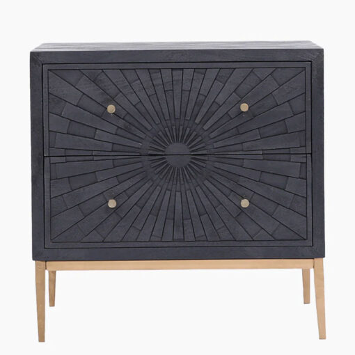 Boho Carved Black Mango Wood And Gold Metal 2 Drawer Chest Of Drawers